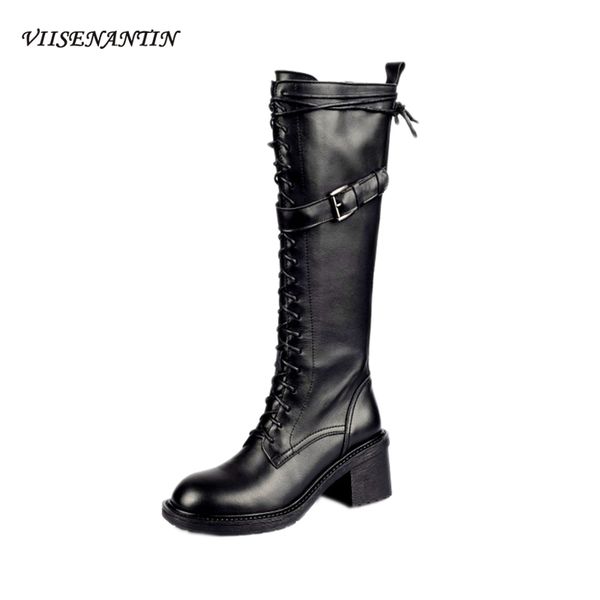 

genuine leather high-heel boots mid-heel lace-up thick-heel high-motorcycle boots autumn and winter women's, Black