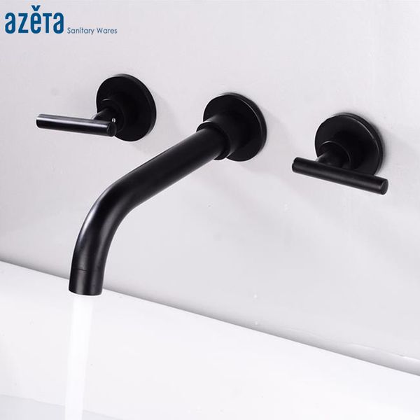 

azeta new arrival 3 hole dual handles basin faucet black brass wall mount bathroom sink faucet rotatable water mixer tap at5666b