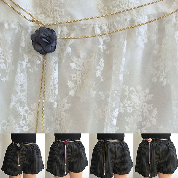 

women dress pants metal waist chain long tassel gold chain girdle waistband fashion flower buckle alloy belt dress accessory, Black;brown
