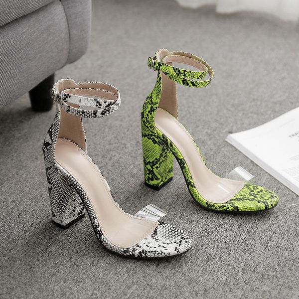 

2020 new high-heeled thick-heeled roman shoes fluorescent snake print word with open-toed female sandals, Black