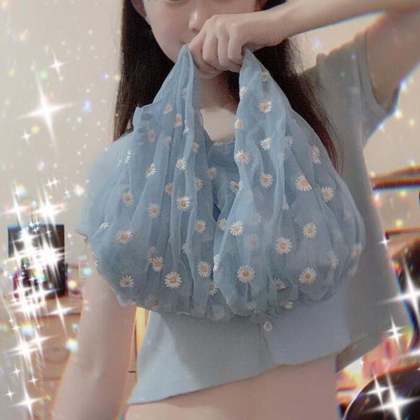 

daisy shopping bags tote reusable polyester portable shoulder handbag folding pouch embroidery foldable shopping bag