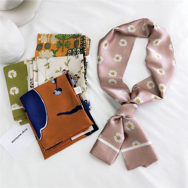 

2020 women's black pink green daisy flower print neck scarf headband long silk satin skinny handbag scarfs for women bag scraf, Blue;gray