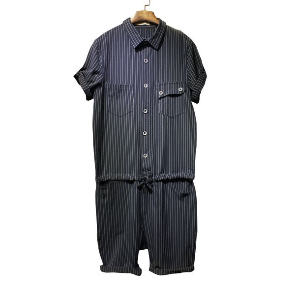 

men's jeans 2021 mens bib overalls fashion striped black and dark blue denim work men one piece jumpsuit short trousers