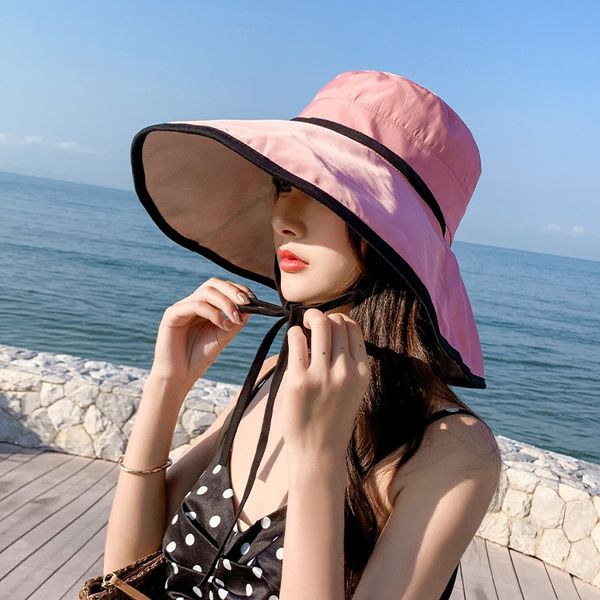 

2020 women's big edge sun sun pot bucket all-match fisherman korean bucket foldable cotton hat hat wc5go, Blue;gray