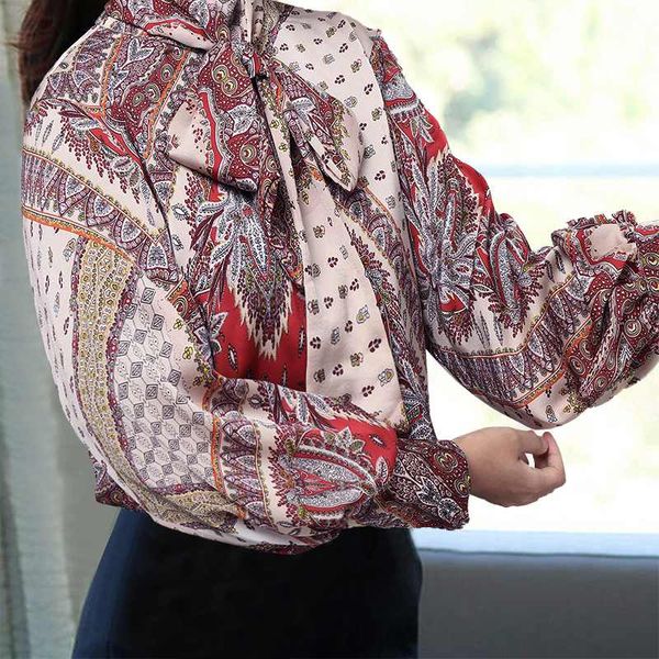 2020 Artı Boyut Vintage Baskı Bluz Celmia Kadınlar Sonbahar Üstler Moda Yüksek Necen Fener Kollu Gömlekler Sıradan Çat Tie Satin Tunik