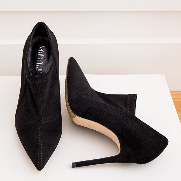 

elegance2020 and autumn winter decent black suede pointed high thin heel elastic deep mouth velvet all-match women's work shoes