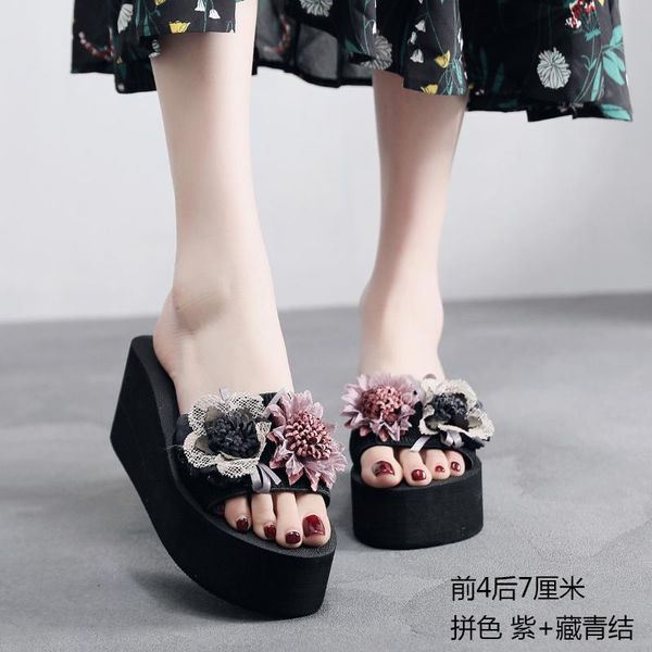 

sandal women wear fashionable high heel thick sole anti slip flower slope heel beach shoes beach slippers in summer, Black