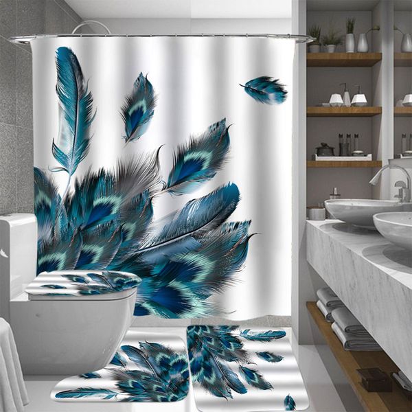 

4 pcs peacock feathers waterproof bathroom shower curtain toilet cover mat non-slip floor mat rug bathroom set with 12 hooks