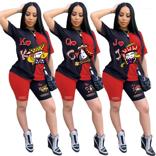 

pattern printed contrast color fashion suits womens clothing 2 piece set summer womens designer shorts suits poker, White
