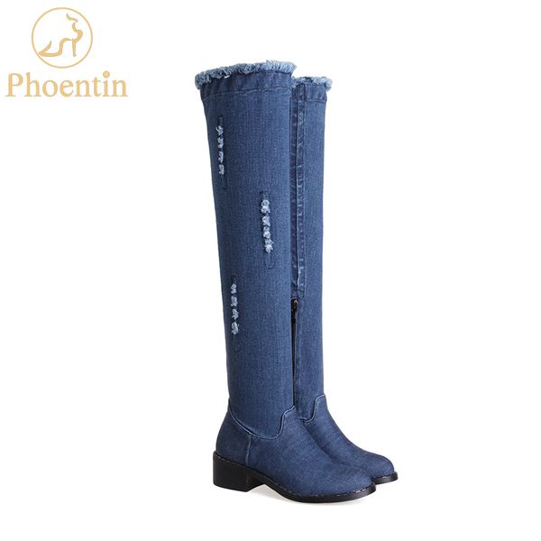 

phoentin denim fabric zipper overknee boots broken hole design lacework women shoes autumn 2020 med square heel footwear ft184, Black