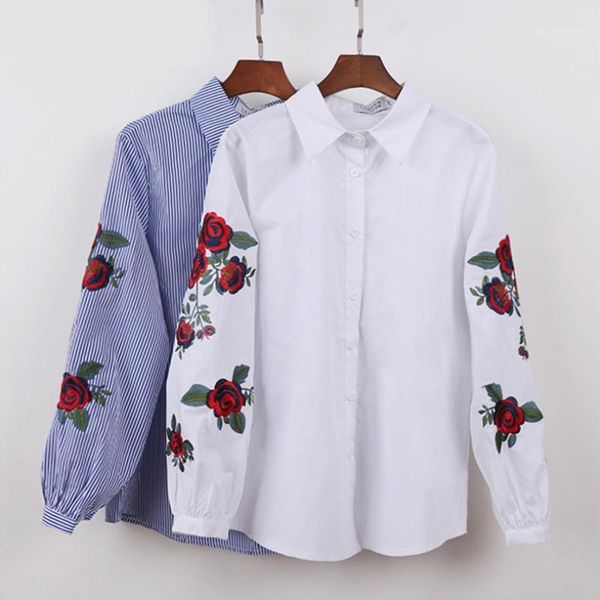 

sleeve stripe designer tees womens casual clothing fashion lapel neck shirts womens loose embroidery floral long, White