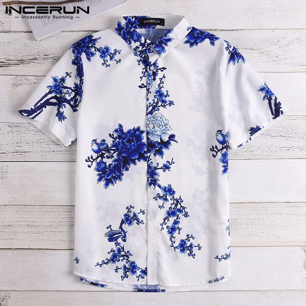 

incerun floral printed men shirt lapel neck vintage short sleeve chemise 2020 chinese style casual brand mens shirts s-5xl, White;black