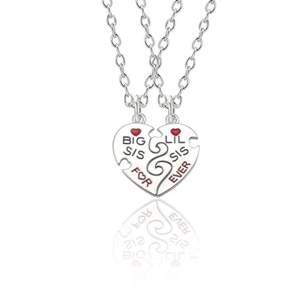 

2pcs/set heart shape "big sis lil sis for ever" pendant necklace red heart sister necklace women family friends jewelry, Silver