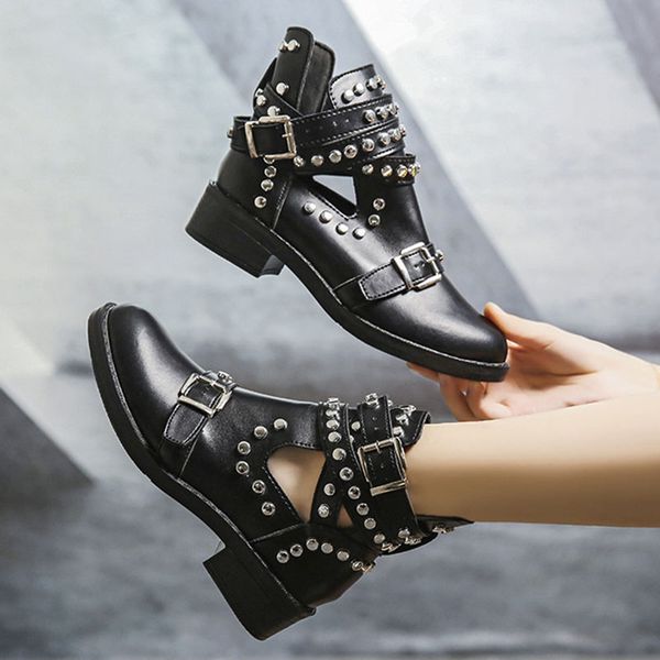 

cut out rivets riding boots women british chunky heels ankle botas mujer punk studs buckle belt boots women shoes plus size35-43, Black