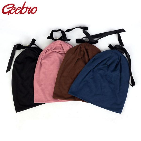 

geebro women casual fashion lace bow knotted skullies beanies solid bonnet for female pearls bonnets caps winter warm hats, Blue;gray
