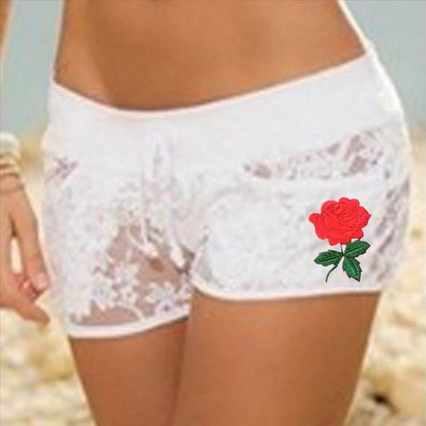 

1pc summer womens rose flowers elastic floral shorts sheer lace applique floral hollow out casual shorts swimwear, White;black