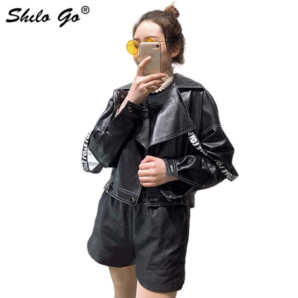 

streetwear leather jacket women spring letter cross ribbon turn down collar sheepskin genuine leather loose single breasted coat, Black;brown