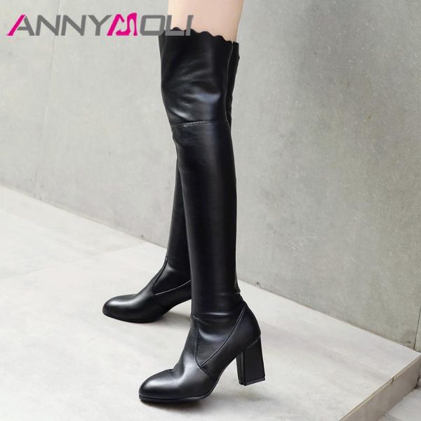 

annymoli женщины обувь зима ruffles над коленом сапоги высокие сапоги square high heeltall sexy тонкий обувь размер 42 43, Black