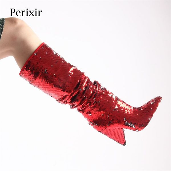 

perixir women's mid-calf high heels boots strange heel fashion sparkle sequins pointed toe christmas party dance boots for lady, Black
