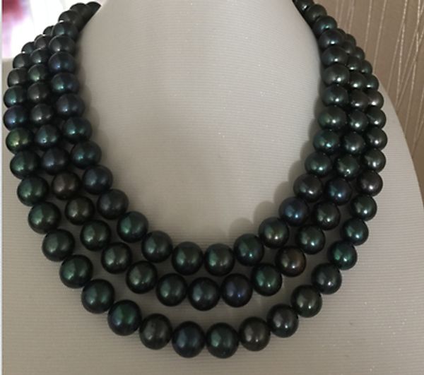 

triple strands 9-10mm tahitian black green round pearl necklace 17"-19", Silver