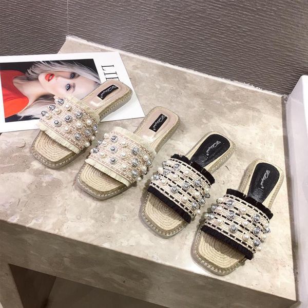 

slippers female outer wear 2020 new summer wild beaded flat-bottomed sandals and slippers straw fishman xie sandals, Black