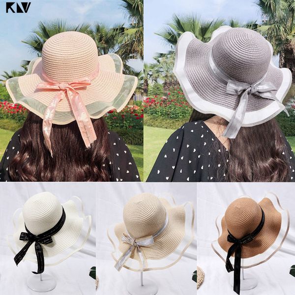 

klv korean ladies summer straw floppy sun hat mesh patchwork wavy wide brim ribbon bowknot sunscreen beach cap with chin strap, Blue;gray