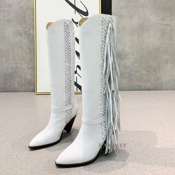 

fringe long boots pointed toe real suede leather knee high boots women spike high heel shoes 2020 winter western cowboy booties, Black