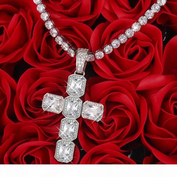 

mens women's gold silver color cz zircon iced hip hop cross pendant with 4mm 16 18 20 24 inches tennis chain choker necklace set