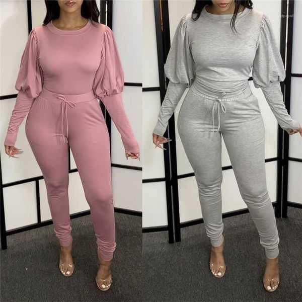 

soild color crew neck two piece set for ladies puff sleeve designer womens set womens fashion tracksuits, Gray