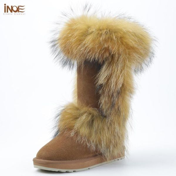 

inoe fashion fur cow suede leather knee high winter boots for women keep warm snow boots for girls fur winter shoes flats, Black