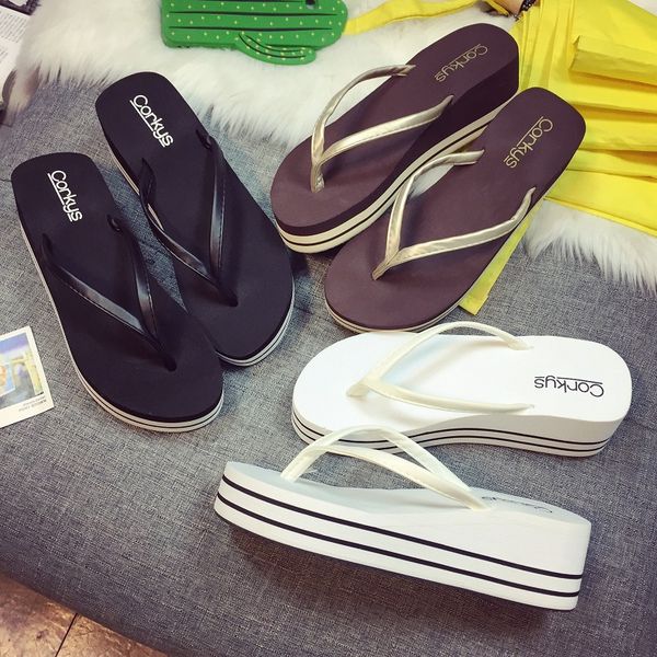 

beach shoes ladies' slippers platform rubber flip flops women heels on a wedge luxury slides sabot hawaiian high flat designer, Black