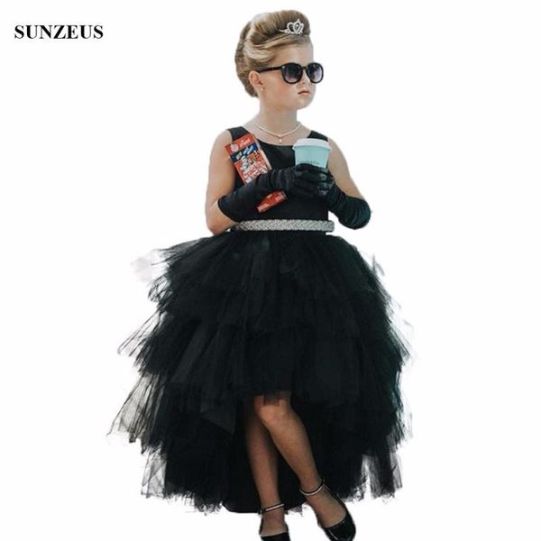 

black high low tulle girls dress for party and wedding short front long back flower girl dress with belt flg012, Red;yellow