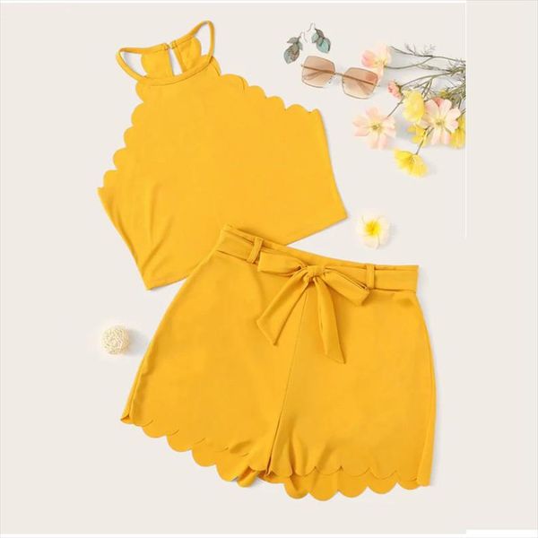 

jaycosin 2019 new summer women suit fashion yellow solid sleeveless halter blouse shorts pants bow sashes sets sale, Gray