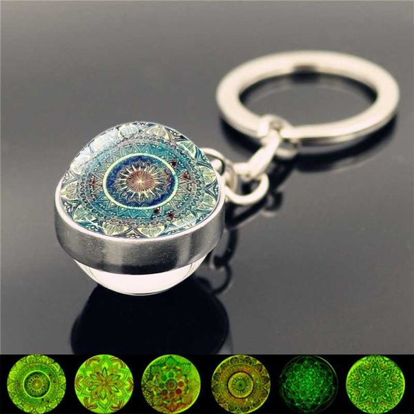 

2020 new mandala holy glowing keychain pendant double-sided cabochon glass ball luminous keychain for women jewelry gift, Silver