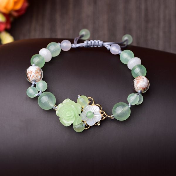 

original exquisite light green crystal synthetic flower bracelet statement golden sand coloured glaze personalized bracelet, Golden;silver