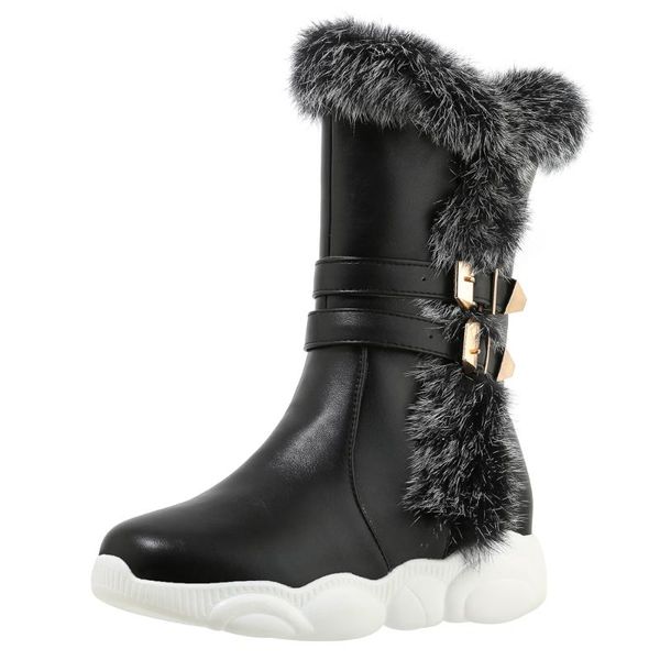 

flat bottom real fur metal belt buckle mid-calf boots lightweight polyurethane thick-soled fur warm women's boots, Black