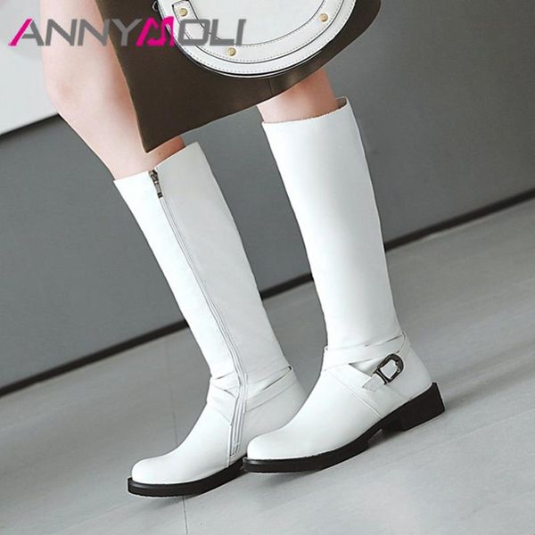 

annymoli riding boots women shoes buckle flats platform knee-high boots lady zipper long female winter black white size 46