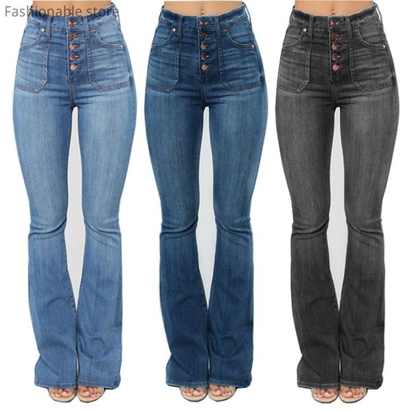 

women autumn flare jeans high waist pockets buttoned skinny denim trousers large size, Blue