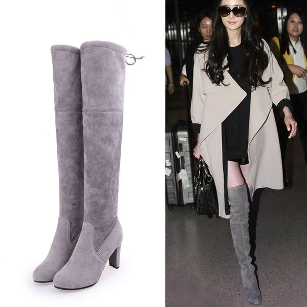 

butterfly-knot sweet over-the-knee casual women boots round toe lace-up solid long boots high thin heels flock winter shoes, Black