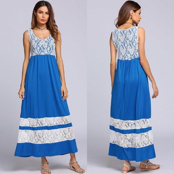 

sleeveless scoop collar lace patchwork maxi casual contrast color women high waist a-line dress full length, Black;gray