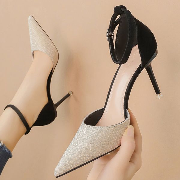 

2020 size 34-39 women 8cm high heels pointed toe golden crystal glitter bling fetish escarpins female party bridal shoes, Black
