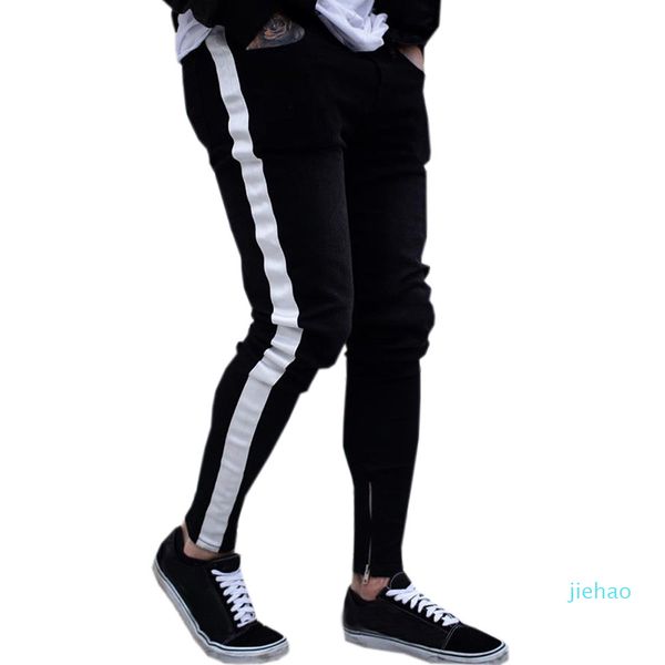 

fashion- black jeans men casual stripe trouser biker ripped skinny jeans frayed slim fit denim pants trousers clothes pencil pants, Blue