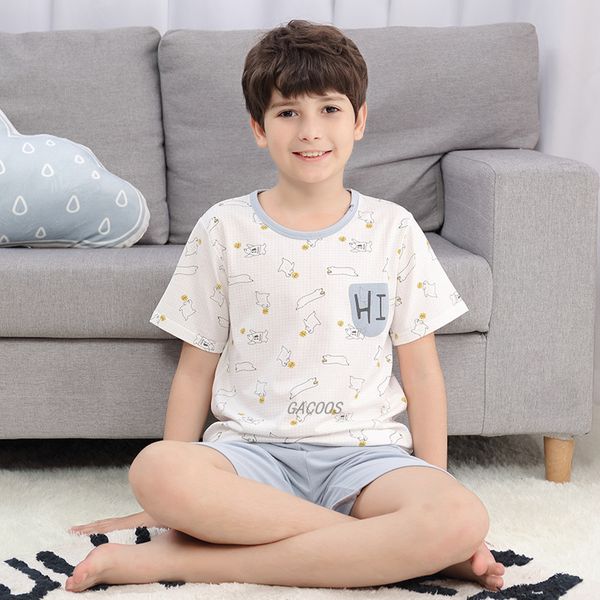 

pajamas summer children's clothes suit boys girls set short sleeve clothing sleepwear 100%cotton pyjamas kids teenager suits, Blue;red