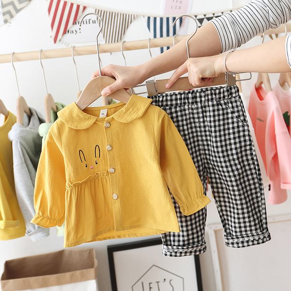 

baby girl cotton sweet suits spring baby girl trendy clothes 2pcs sets shirt+lattice pants kids baby girl cloths kids y200803, White