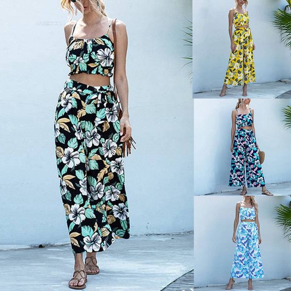 

women's tracksuits women boho floral cami & wide leg pants 2 pieces set, Gray