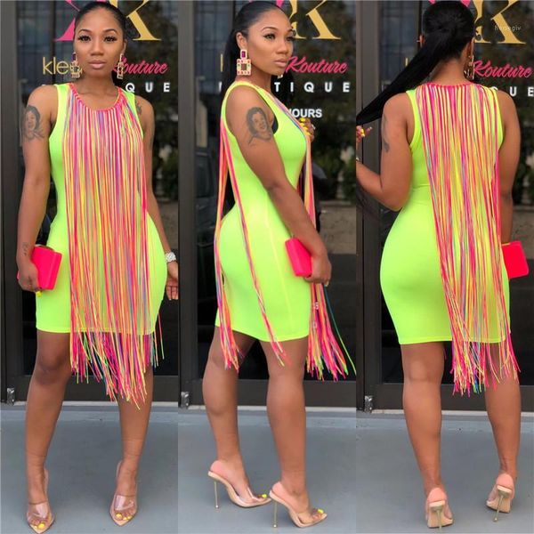 

slim sleeveless crew neck bodycon dresses fashion womens party dresses colorful tassel women dresses club sexy, White;black