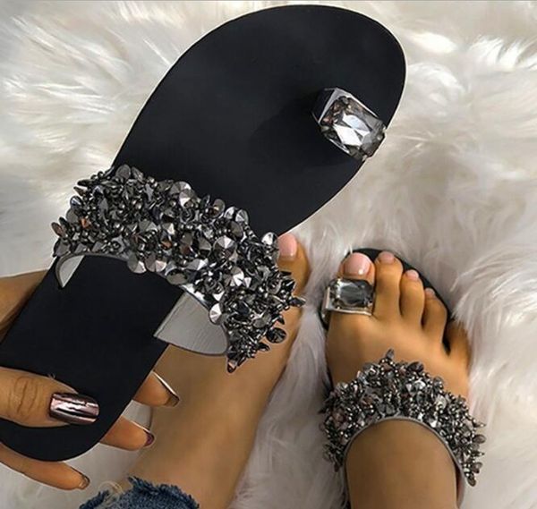 

summer toe sequined slippers casual large size rhinestone ladies sandals beaded decoration, Black
