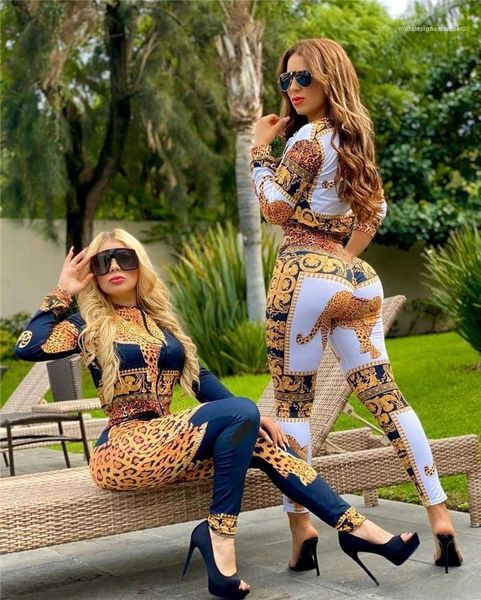 

fashion casual sets ladies leopard vintage printed suits 2pcs spring patchwork stand collar zipper fly trucksuits females, White