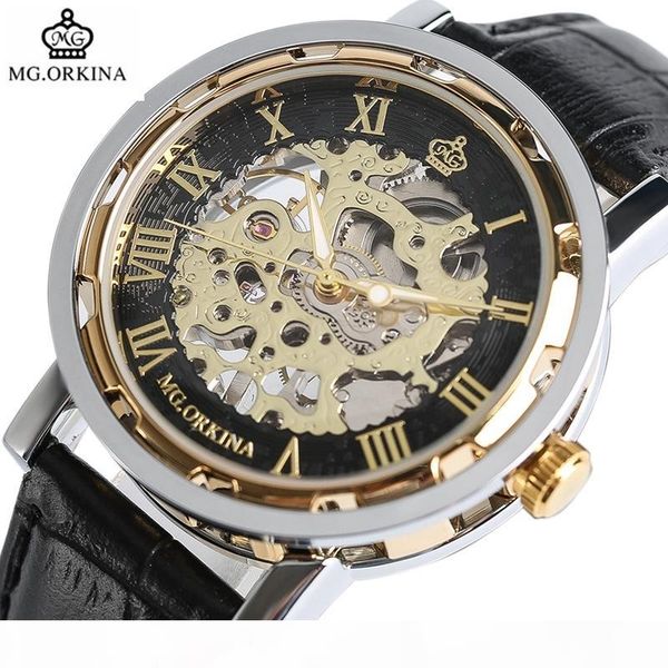 

orkina brand mechanical watch luxury skeleton hand-winding watch analog modern men women bangle wrist watch relogio feminino d18100706, Slivery;brown