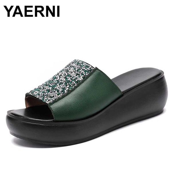 

yaerni summer slippers woman fashion wedge glitter slipper mother non-slip real leather women sandals, Black